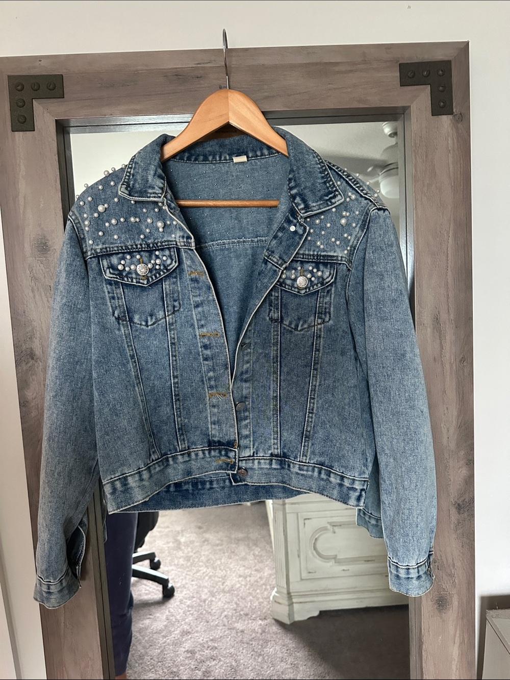Amazon Essentials Light Blue Pearl-Embellished Denim Jacket